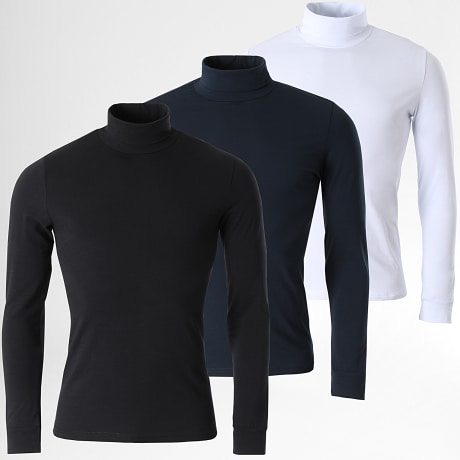 LBO - Lote de 3 Camisetas Lisas Manga Larga Cuello Alto 1991 Negro Azul Marino Blanco