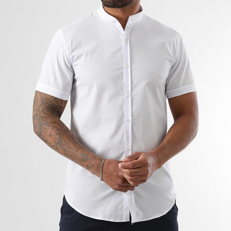 LBO - Slim Fit Mao Cuello Camisa de Manga Corta 2185 Blanco