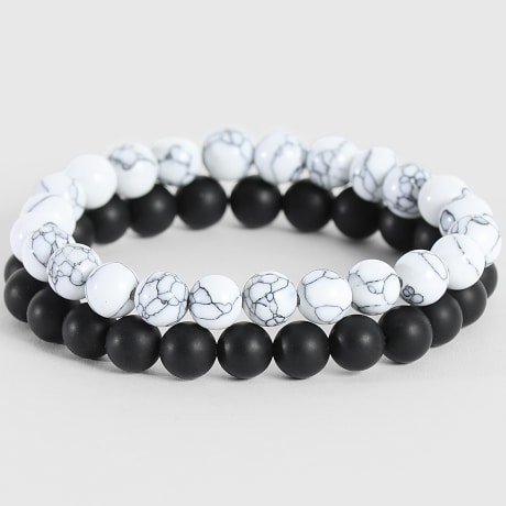 LBO - Conjunto de 2 pulseiras de contas preto branco 8mm