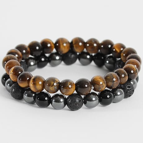 LBO - Conjunto de 2 pulseiras com contas pretas e castanhas de 8 mm