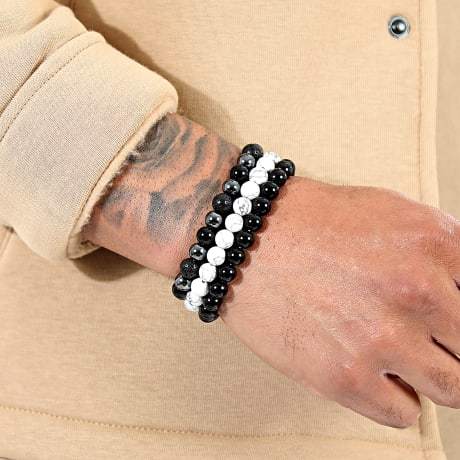 LBO - Conjunto de 3 pulseiras de contas preto branco 8mm
