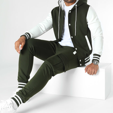LBO - Ensemble Veste Teddy Capuche Et Pantalon Jogging 0122 Vert Kaki Blanc
