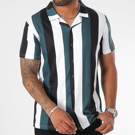 LBO - 2988 Camisa de Manga Corta a Rayas Negro Blanco Verde