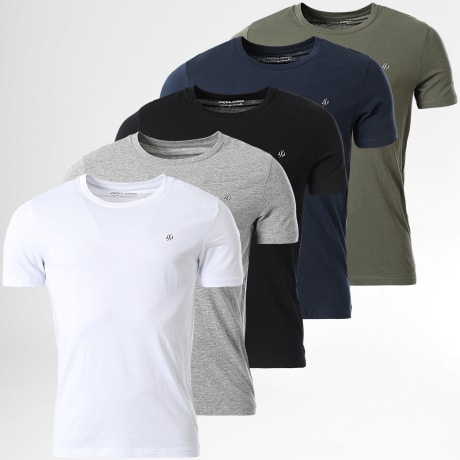 Jack And Jones - 5er-Pack Essential T-Shirts Weiß Schwarz Grün Khaki