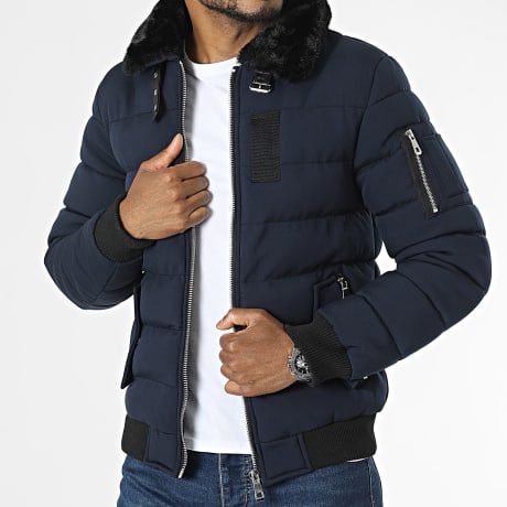 Kymaxx - Plumífero Cuello de Piel Azul Marino
