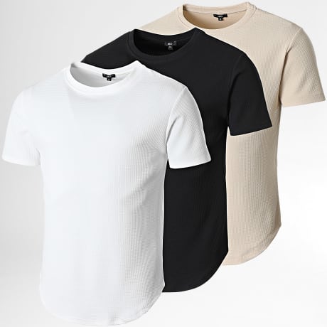 LBO - 3er-Set Waffle Textured T-Shirt 0431 Schwarz Beige Weiß