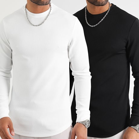 LBO - 2er-Pack Waffle 0400 0552 Schwarz Weiß Texturiertes Langarm T-Shirt