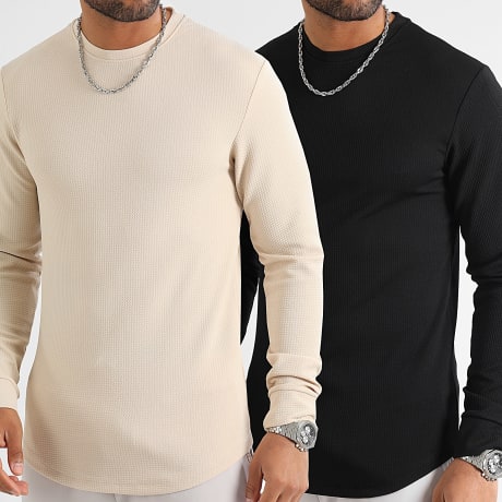 LBO - Juego De 2 Camisetas De Manga Larga Texturizadas Waffle 0552 0554 Negro Beige Oscuro