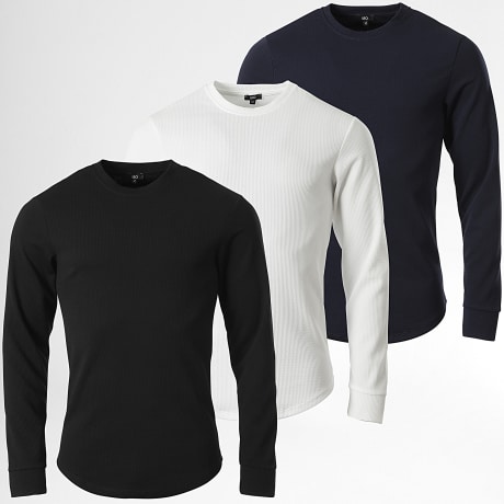 LBO - Pack de 3 Camisetas de Manga Larga Texturizadas Waffle Blanco Negro Azul Marino