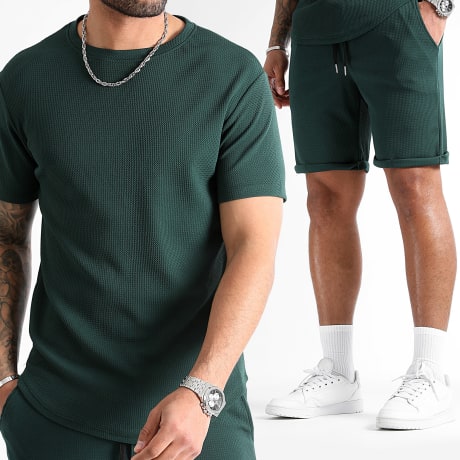 LBO - Tracksuit Oversize T-Shirt And Textured Waffle Jogger Short 0822 Bottle Green