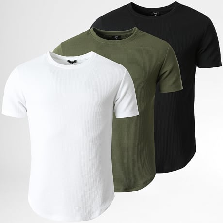 LBO - Set van 3 gestructureerde T-shirts Wafel 0841 Zwart Groen Khaki Wit
