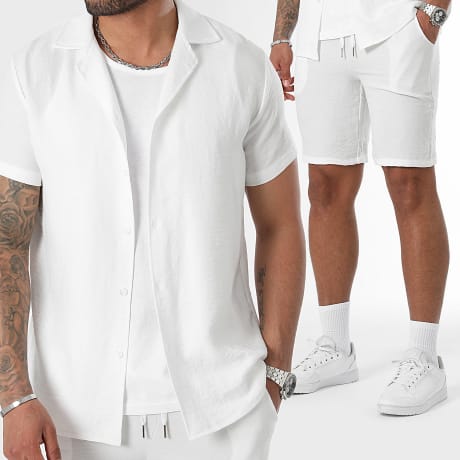 LBO - Linen Effect Short Sleeve Shirt and Short Set 0801 White