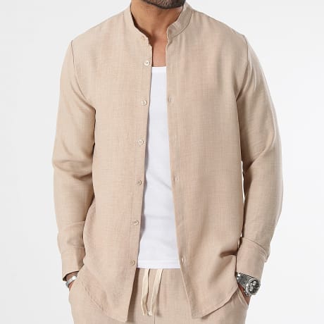 LBO - Chemise Manches Longues Effet Lin Col Officier 0947 Beige