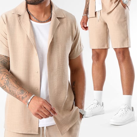 LBO - Co-ord Set Overhemd Korte Mouwen En Short Linnen Effect 0946 Beige