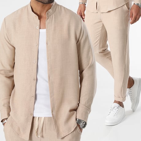 LBO - Co-ord Set Overhemd Lange Mouwen Opstaande Kraag En Linnen Look Broek 0949 Beige