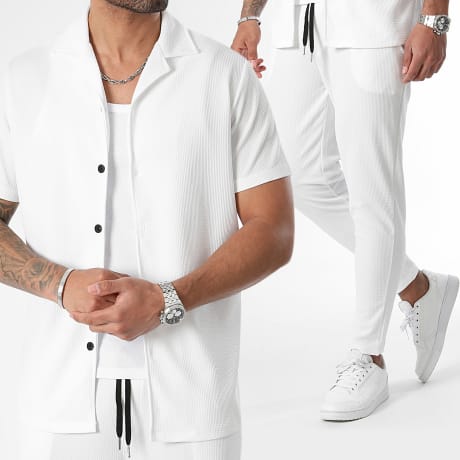 LBO - Waffle 1034 White Short Sleeve Shirt and Textured Trouser Set