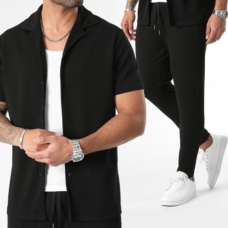 LBO - Waffle 1035 Black Short Sleeve Shirt And Textured Trouser Set