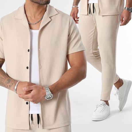 LBO - Waffle 1036 Light Beige Short Sleeve Shirt and Textured Trouser Set