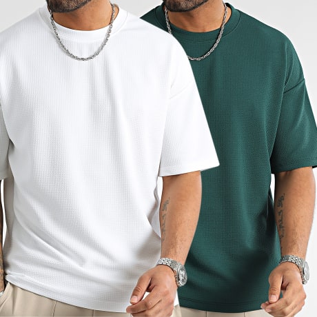 LBO - Pack di 2 T-Shirt Testurizzati Waffle Large 1089 Bianco Verde Bottiglia