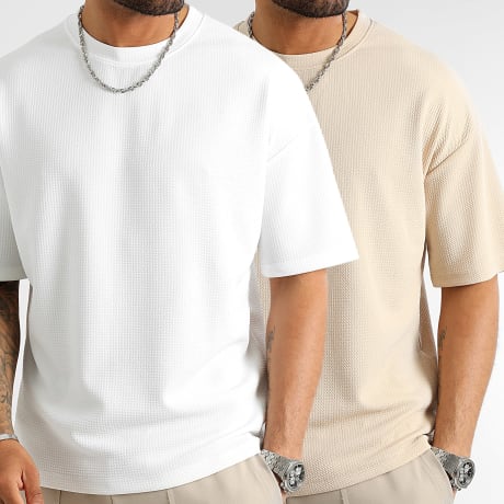 LBO - Pack aus 2 T-Shirts Texturiert Waffel Groß 1095 Weiß Beige