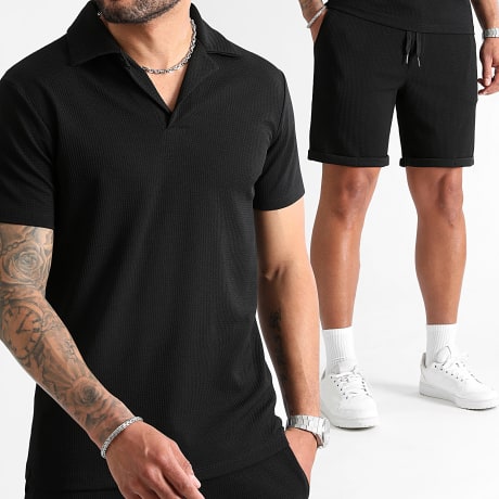 LBO - Waffle 1098 Black Textured Polo And Jogging Shorts Set