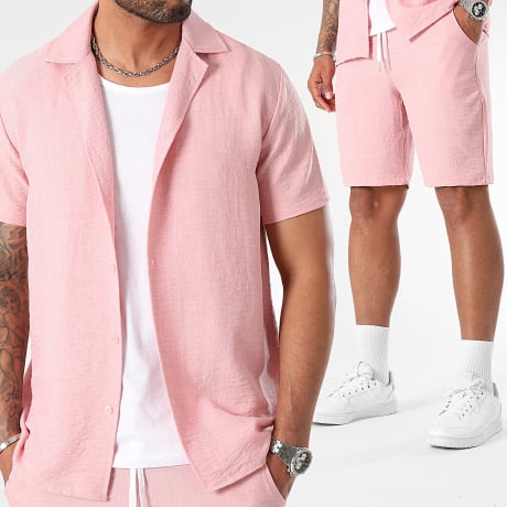 LBO - Short-sleeved Shirt and Linen Effect Short Set 1176 Pink