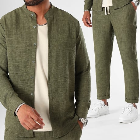 LBO - Long-sleeved shirt and linen-effect trouser set 1212 Khaki green