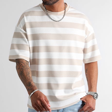LBO - Camiseta Texturizada Amplia a Rayas 1145 Blanco Beige
