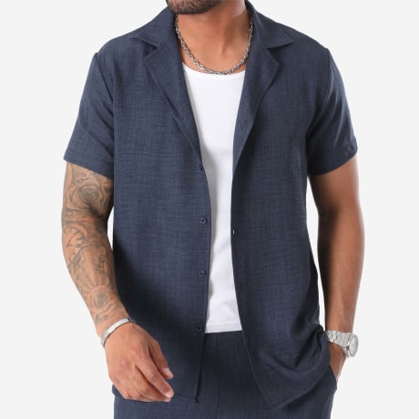 LBO - 1326 Camisa de manga corta efecto lino azul marino