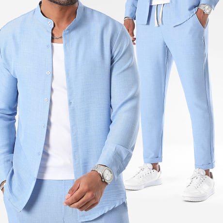 LBO - Co-ord Set Blouse Lange Mouwen Officier Kraag En Broek Linnen Look 1353 Licht Blauw