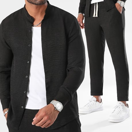 LBO - Co-ord Set Overhemd Lange Mouwen Officier Kraag En Broek Linnen Effect 1354 Zwart