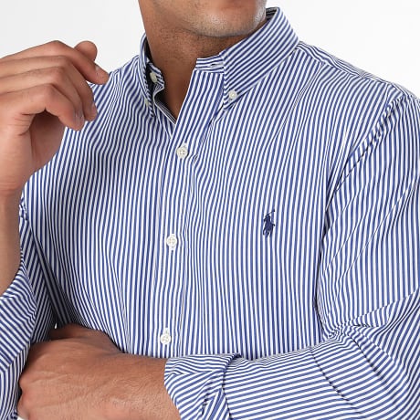 Polo Ralph Lauren - Chemise Manches Longues A Rayures Slim Original Player Blanc Bleu Roi