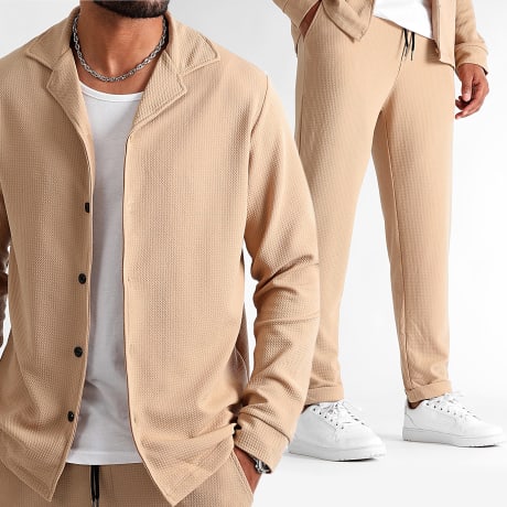 LBO - Waffle 1390 Beige Long Sleeve Shirt and Textured Trouser Set