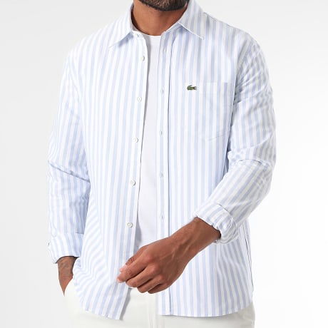 Lacoste - Chemise Manches Longues A Rayures Logo Brodé Crocodile Regular Fit Bleu Clair Blanc