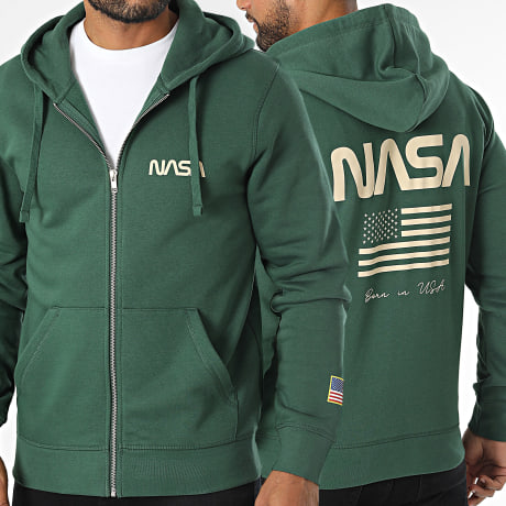 NASA - Sudadera con capucha y cremallera Born In USA Flag Verde Beige