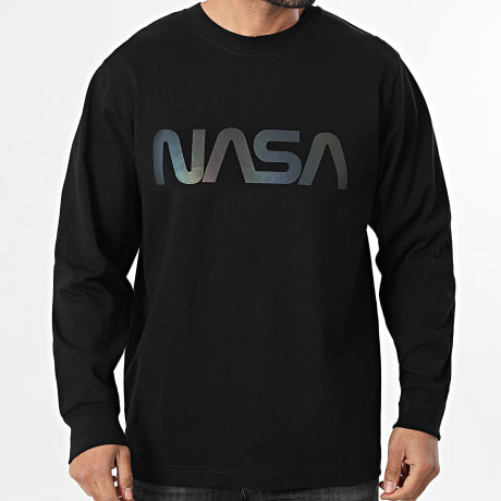 NASA - Camiseta Manga Larga Relaxed Worm Logo Negro Arcoíris Negro Iridiscente