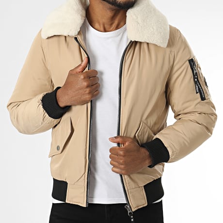 Kymaxx - Chaqueta Bomber Cuello de Piel Beige