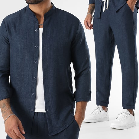 LBO - Co-ord Set Overhemd Lange Mouwen Opstaande Kraag En Broek Linnen Effect 1724 Marineblauw