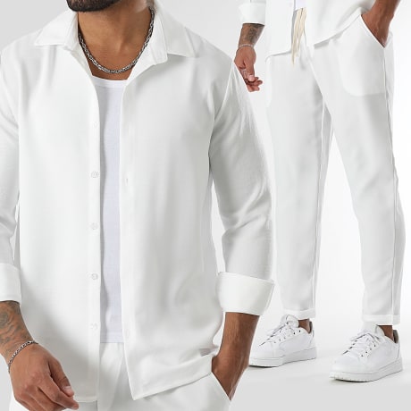 LBO - Long Sleeve Shirt and Linen Effect Trouser Set 1725 White