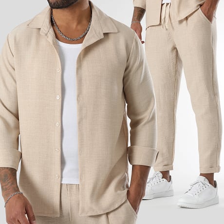 LBO - Co-ord Set Overhemd Lange Mouwen En Broek Linnen Effect 1726 Beige