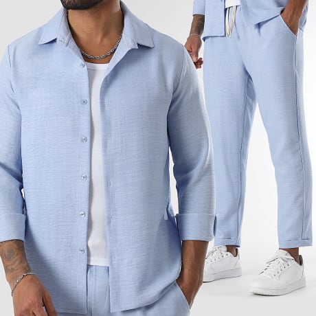 LBO - Long Sleeve Shirt and Linen Effect Trouser Set 1727 Light Blue