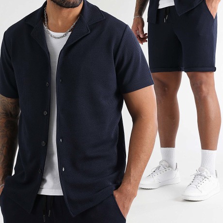 LBO - Tracksuit Short-Sleeve Shirt And Textured Waffle Short 1761 Navy Blue