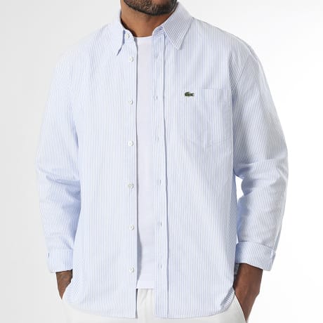 Lacoste - Chemise Manches Longues A Rayures Poche Logo Brodé Crocodile Regular Fit Bleu Clair