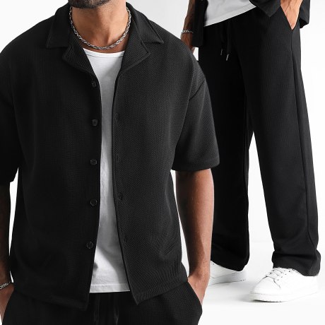 LBO - Conjunto Camisa de Manga Corta y Pantalón Ancho Texturizado Waffle 1832 Negro