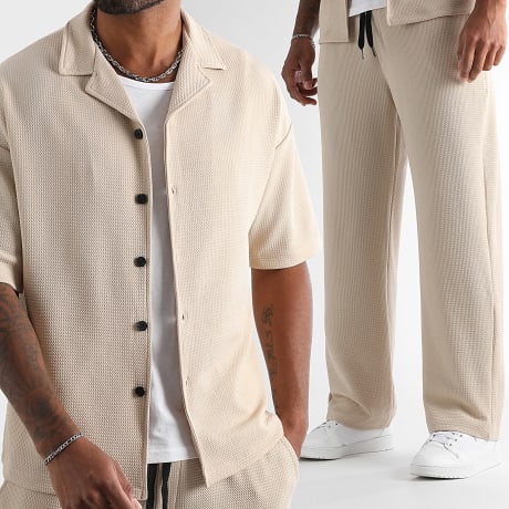 LBO - Ensemble Chemise Manches Courtes Et Pantalon Large Texturé Waffle 1833 Beige