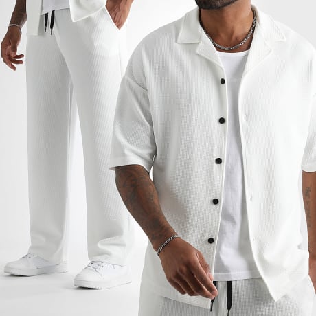 LBO - Tracksuit Shirt Short Sleeves And Wide Trousers Textured Waffle 1834 White