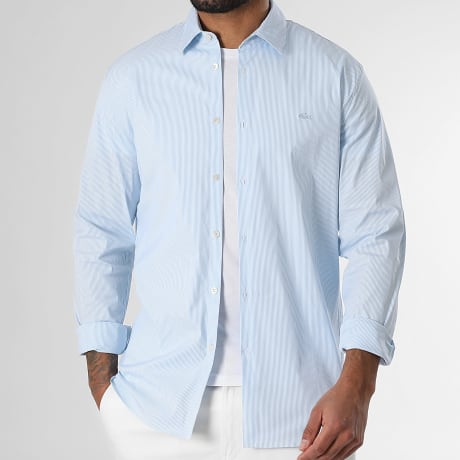 Lacoste - Chemise Manches Longues Slim Logo Brodé Crocodile Bleu Clair Blanc