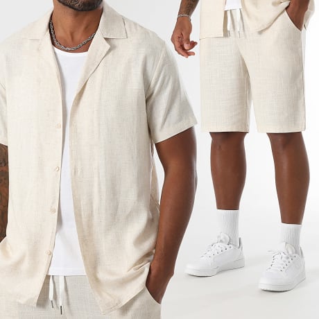 LBO - Short-sleeved Shirt and Linen Short Set 1854 Beige