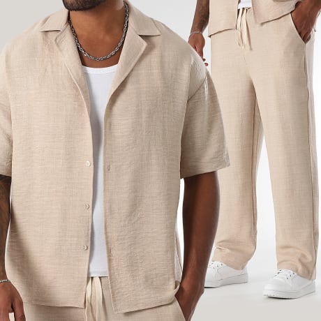 LBO - Tracksuit Short Sleeve Shirt And Wide Linen Effect Trouser 1872 Beige