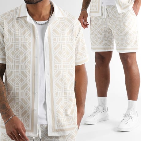 LBO - Tracksuit Short Sleeve Shirt And Printed Jogger Short 1636 Beige White